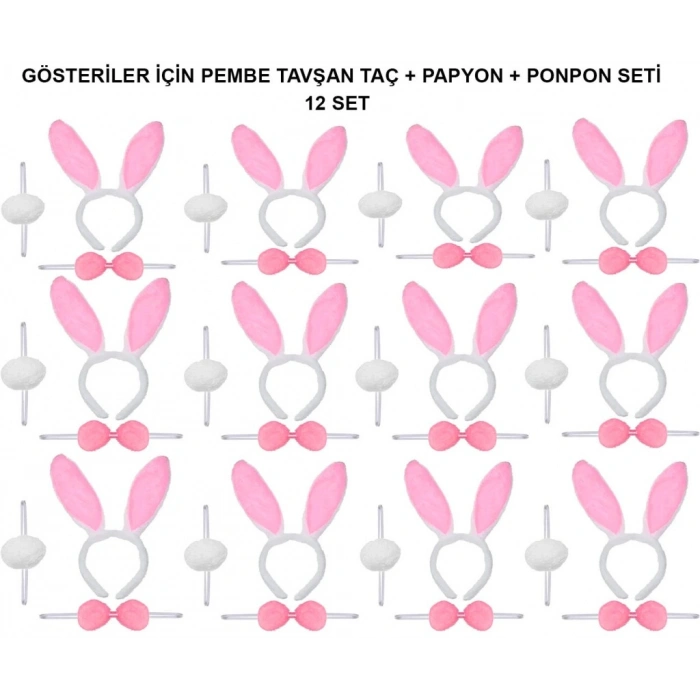Pembe Tavşan Kostüm Seti – Taç, Papyon, Ponpon (12’li Paket)