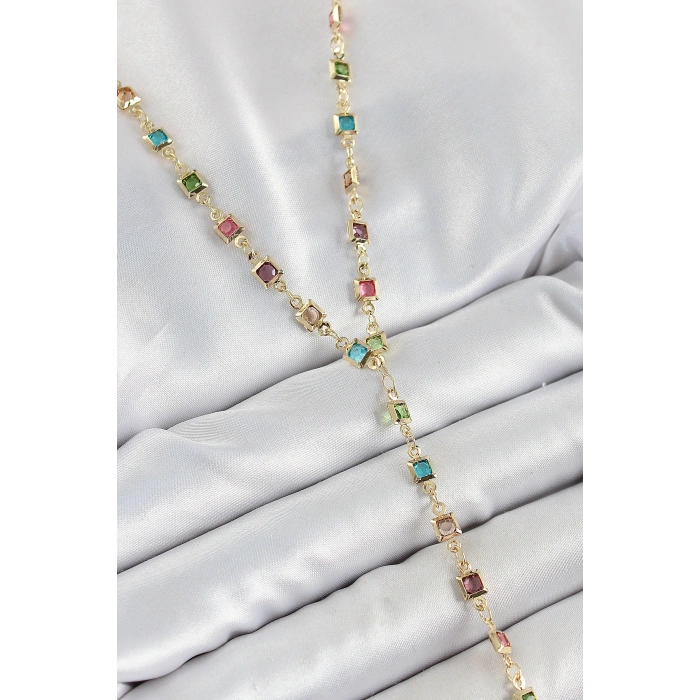 Pirinç Asorti Kare Model Gold Renk Zirkon Taşlı Y Kolye