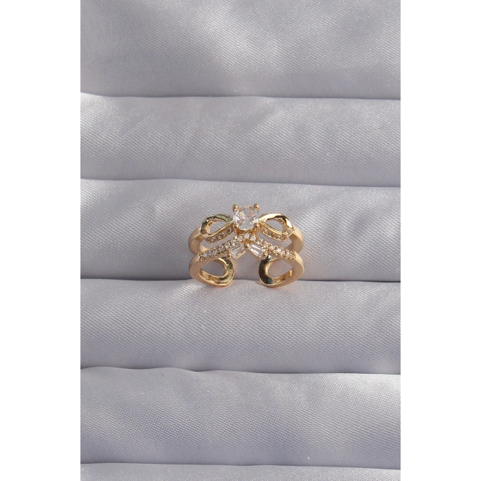 Pirinç Ayarlamalı Gold Renk Zirkon Taşlı 2li Görünüm Fiyonk Yüzük