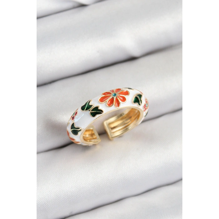 Pirinç Beyaz Mineli Çiçek Motifli Gold Renk Ayarlanabilir Kadın Yüzük