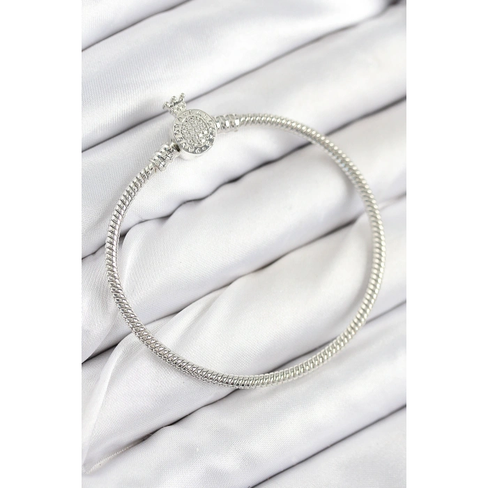 Pirinç Charm Zirkon Taşlı Taç Model Gümüş Renk Kadın Bileklik