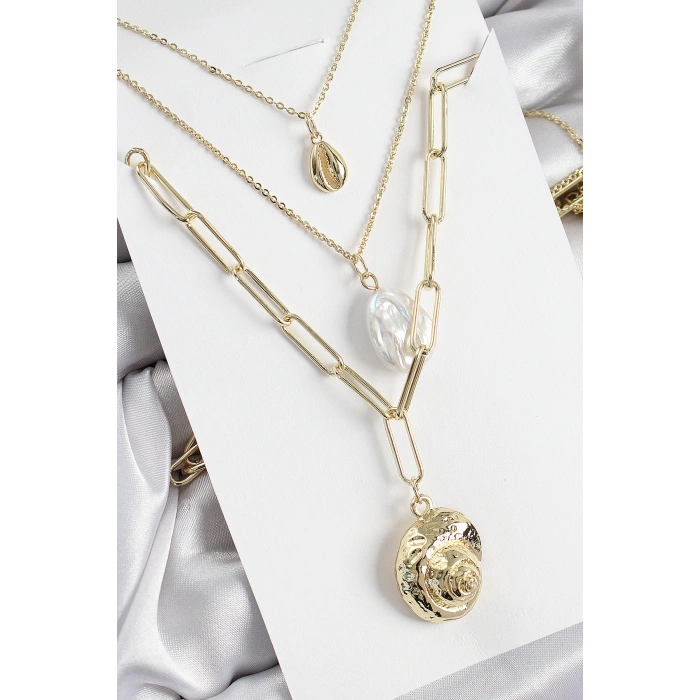 Pirinç Çoklu Zincirli İncili Deniz Kabuğu Model Gold Renk Kadın Kolye