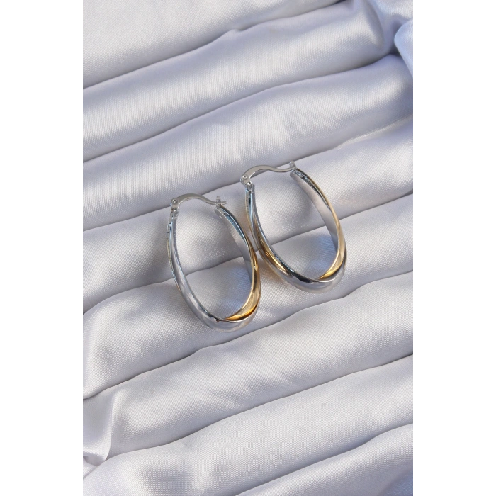 Pirinç Gold Gümüş Renkli Uzun Kıvrımlı Küpe