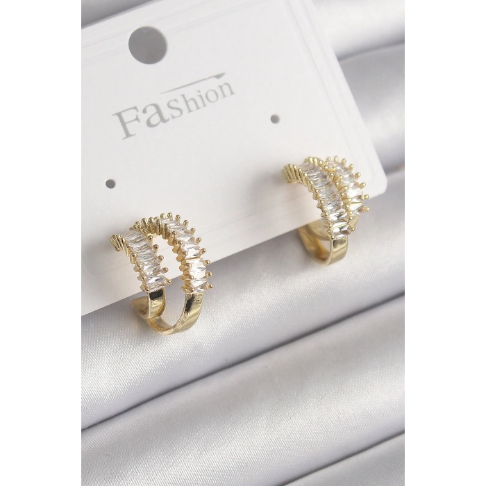 Pirinç Gold Renk 2Li Zirkon Taşlı Halka Model Kadın Küpe