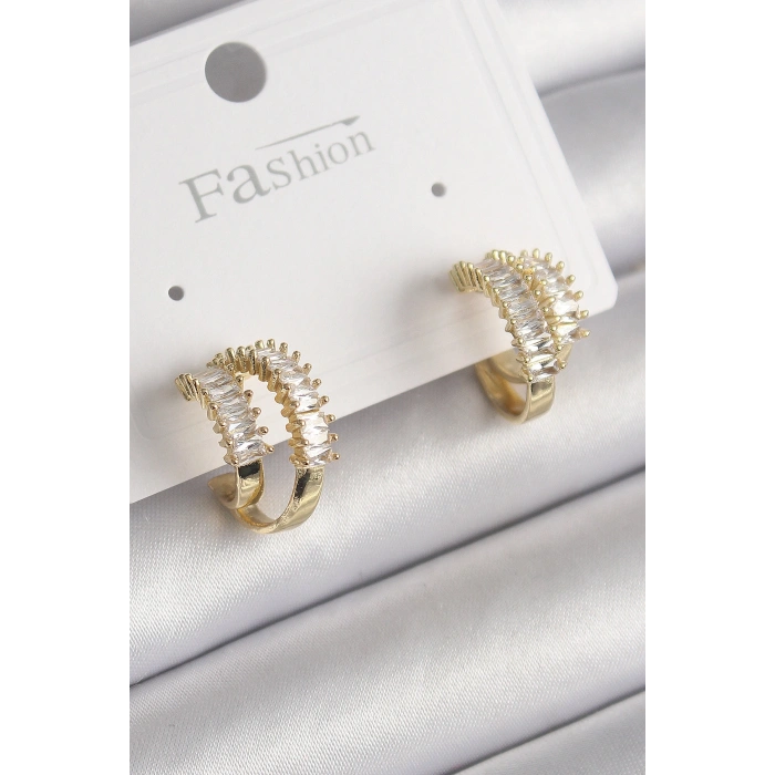 Pirinç Gold Renk 2Li Zirkon Taşlı Halka Model Kadın Küpe