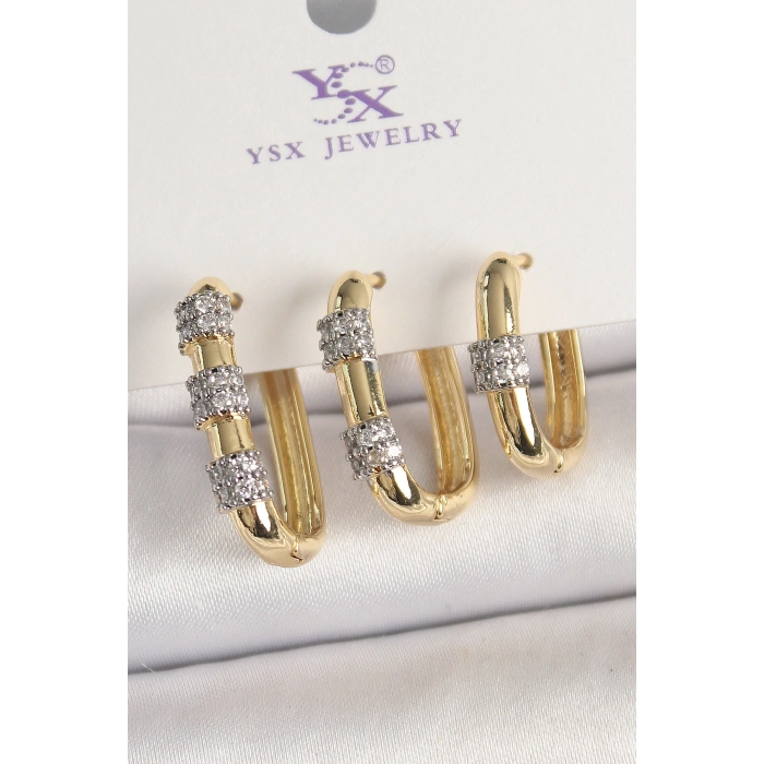 Pirinç Gold Renk 3Lü Halka Model Gümüş Zirkon Taş Detaylı Kadın Kombin Küpe