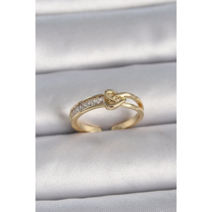 Pirinç Gold Renk Ayarlanabilir Zirkon Taşlı Düğüm Kalp Model Kadın Yüzük