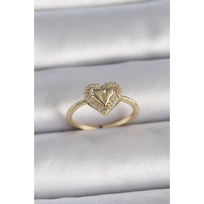 Pirinç Gold Renk Ayarlanabilir Zirkon Taşlı Kalp Model Kadın Yüzük