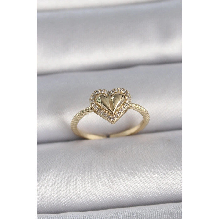 Pirinç Gold Renk Ayarlanabilir Zirkon Taşlı Kalp Model Kadın Yüzük