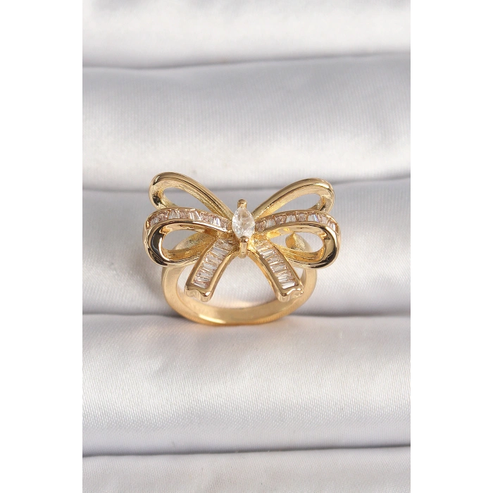 Pirinç Gold Renk Ayarlanabilir Zirkon Taşlı Kurdele Model Kadın Yüzük