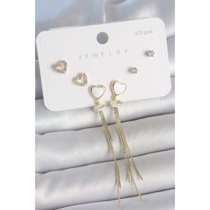 Pirinç Gold Renk Beyaz Mineli Sallantı Mineli Kalp Model Zirkon Taş Detaylı 925 Ayar Gümüş Çivi Kadın Küpe Seti