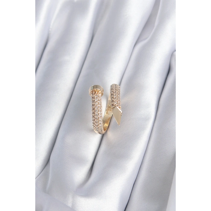 Pirinç Gold Renk Çivi Model Zirkon Taşlı Kadın Yüzük