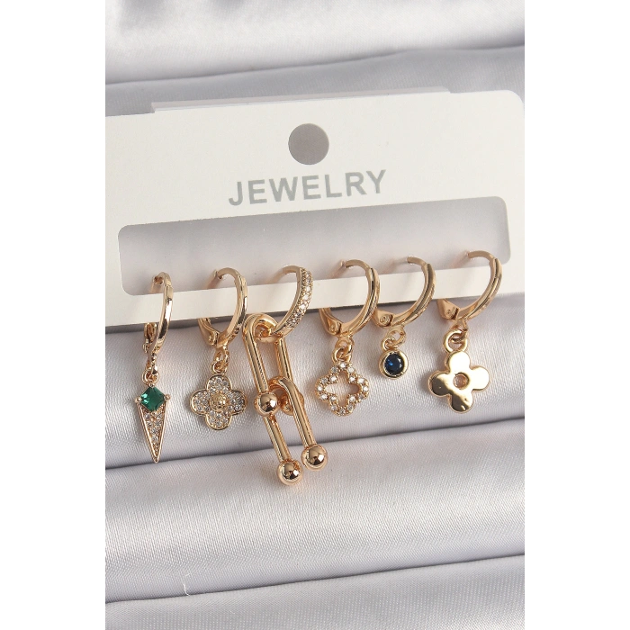 Pirinç Gold Renk Çoklu Figür Kadın Küpe Seti