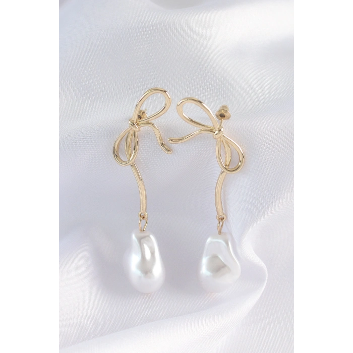 Pirinç Gold Renk Fiyonk Model İnci Taşlı Uzun Küpe