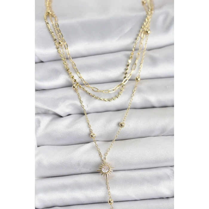 Pirinç Gold Renk Güneş Model Detaylı 3lü Kombin Y Kadın Kolye