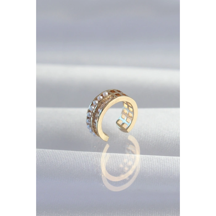 Pirinç Gold Renk İncili Baget Taşlı Earcuff Küpe