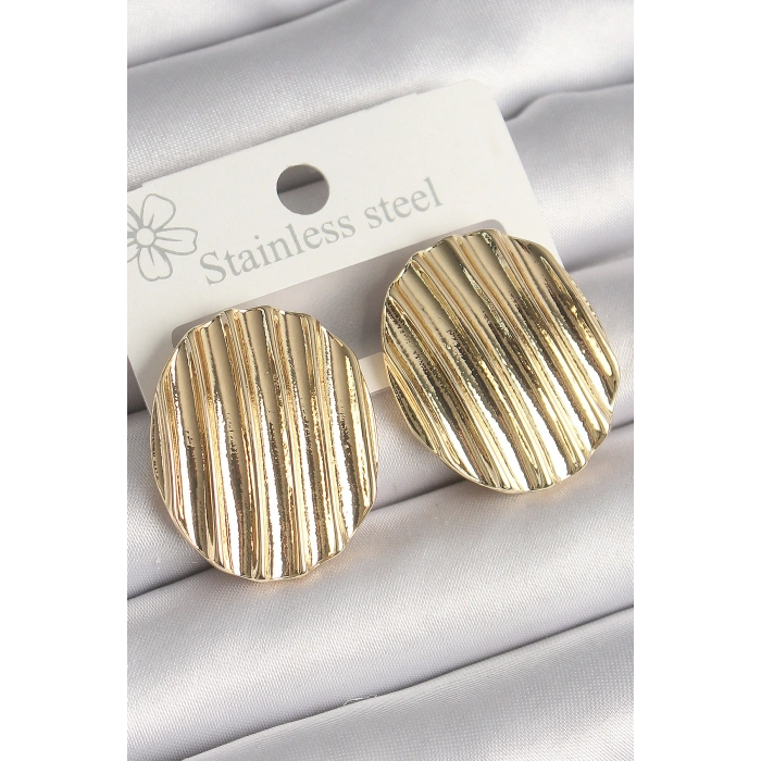 Pirinç Gold Renk İşlemeli Daire Plaka Model Kadın Küpe