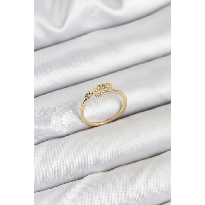 Pirinç Gold Renk Kalpli Detaylı Zirkon Taşlı Kadın Yüzük