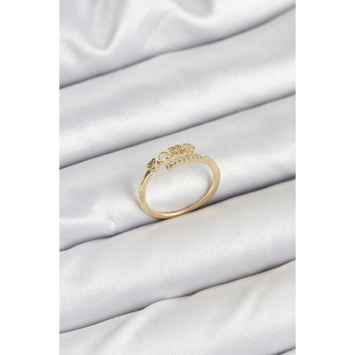 Pirinç Gold Renk Kalpli Detaylı Zirkon Taşlı Kadın Yüzük