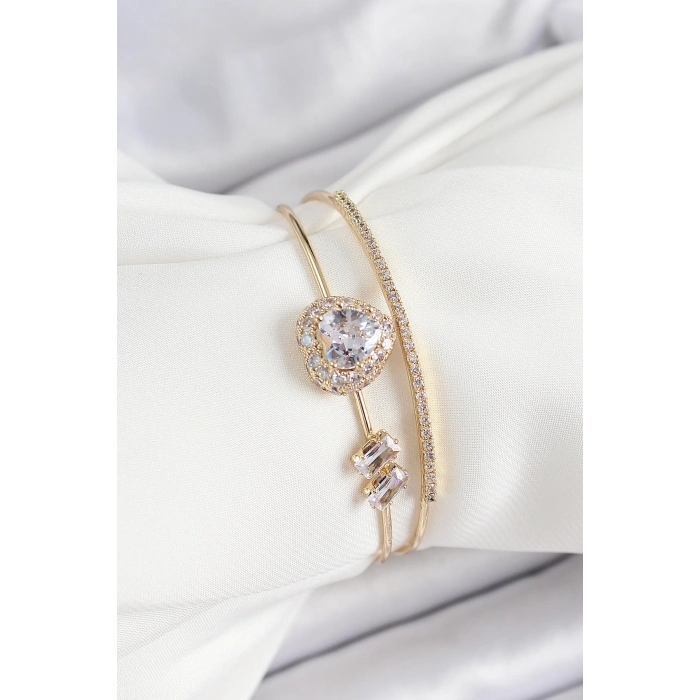 Pirinç Gold Renk Kalpli Zirkon Taşlı Kadın Bileklik