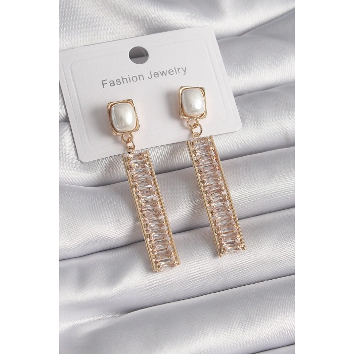 Pirinç Gold Renk Kare İnci Zirkon Taşlı Su Yolu Model Kadın Küpe