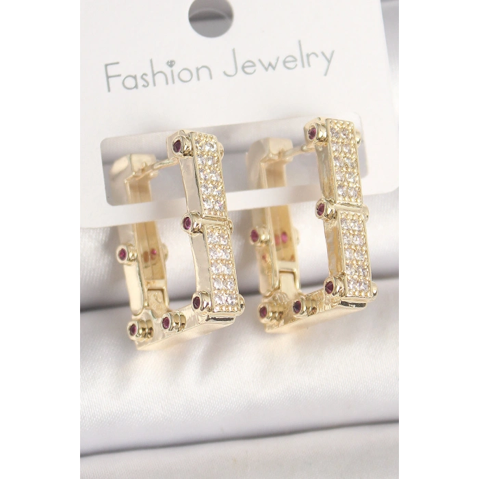 Pirinç Gold Renk Kare Zirkon Taşlı Kadın Küpe