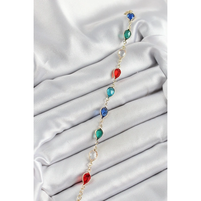 Pirinç Gold Renk Karışık Renk Damla Zirkon Taşlı Kadın Bileklik