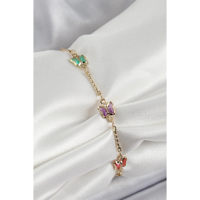 Pirinç Gold Renk Karışık Renk Kelebek Zirkon Taşlı Kadın Bileklik