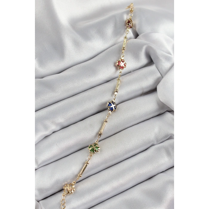 Pirinç Gold Renk Karışık Renk Yonca Zirkon Taşlı Kadın Bileklik