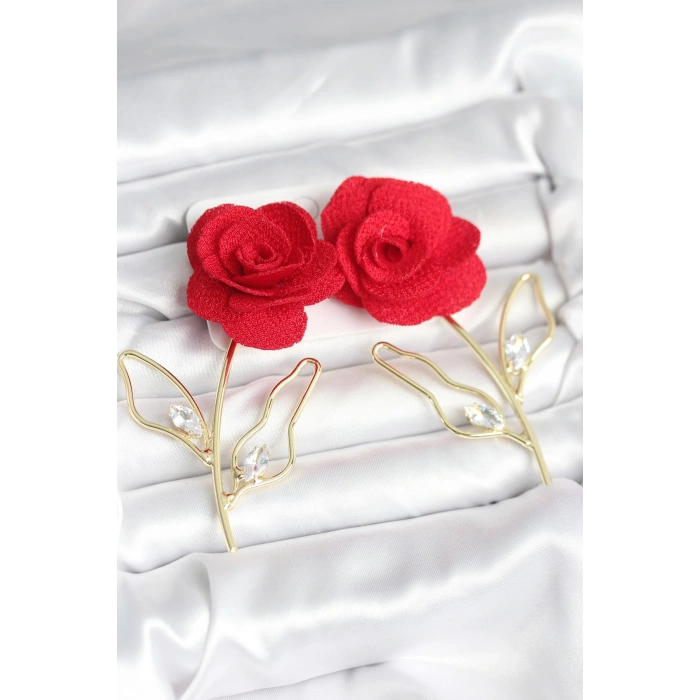 Pirinç Gold Renk Kırmızı Gül Model Kadın Küpe