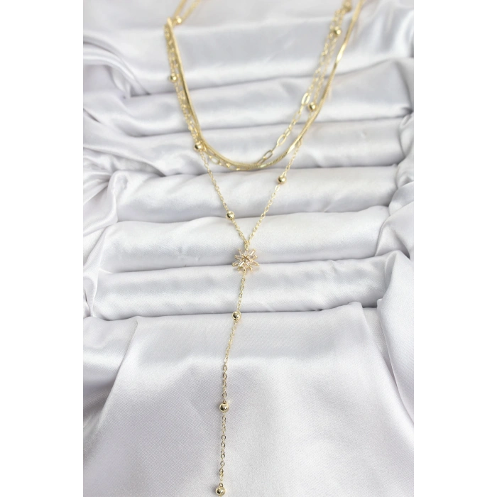 Pirinç Gold Renk Kutup Yıldızı Model Detaylı 3lü Kombin Y Kadın Kolye