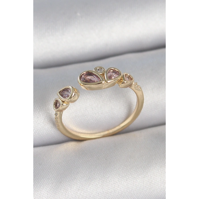 Pirinç Gold Renk Pembe Damla Zirkon Taşlı Ayarlanabilir Kadın Yüzük