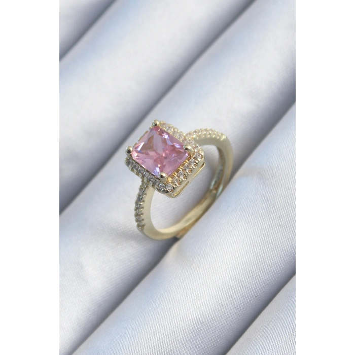 Pirinç Gold Renk Pembe Zirkon Taşlı Kadın Yüzük