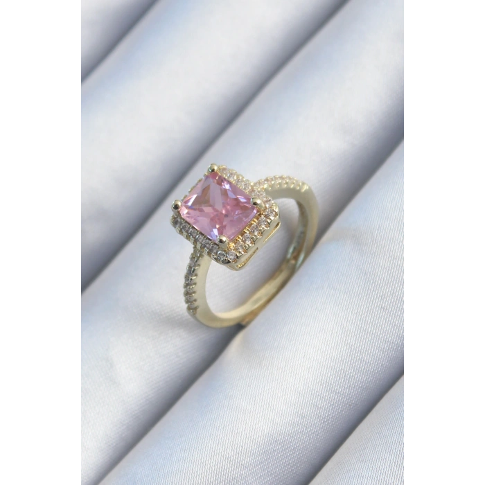 Pirinç Gold Renk Pembe Zirkon Taşlı Kadın Yüzük