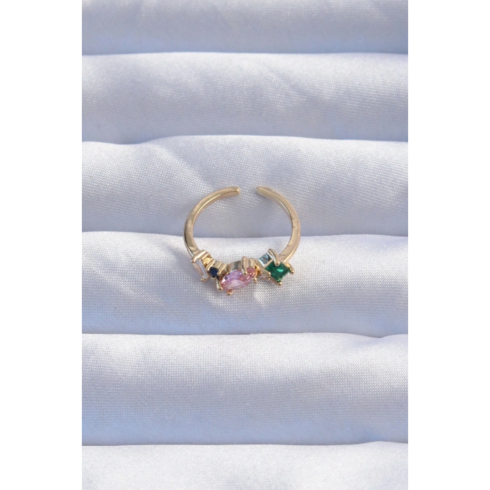 Pirinç Gold Renk Renkli Zirkon Taşlı Ayarlanabilir Yüzük