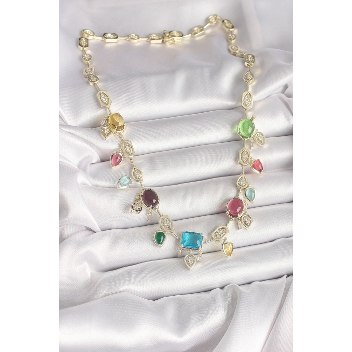 Pirinç Gold Renk Renli Zirkon Taşlı VIP Seri Kadın Kolye