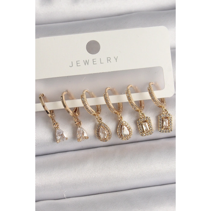 Pirinç Gold Renk Sallantı Zirkon Taşı Damla Model Kadın Küpe Seti