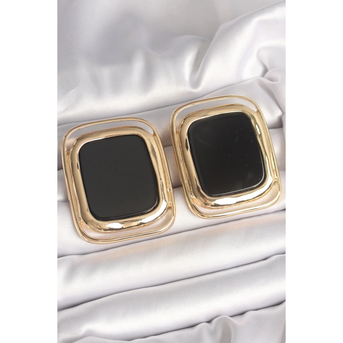 Pirinç Gold Renk Siyah Mineli Kare Model Kadın Küpe