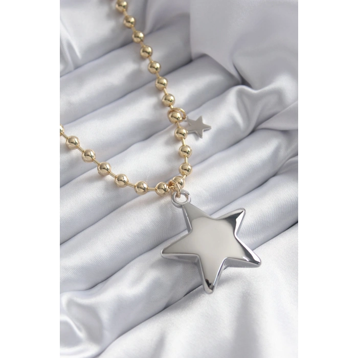 Pirinç Gold Renk Topçuk Zincir Gümüş 3D Yıldız Model Yıldız Detay VİP Kadın Kolye
