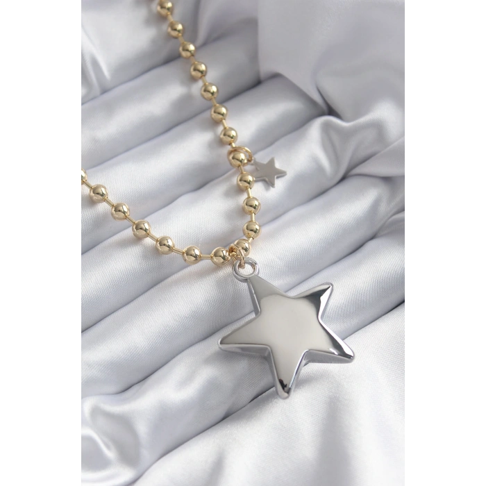 Pirinç Gold Renk Topçuk Zincir Gümüş 3D Yıldız Model Yıldız Detay VİP Kadın Kolye