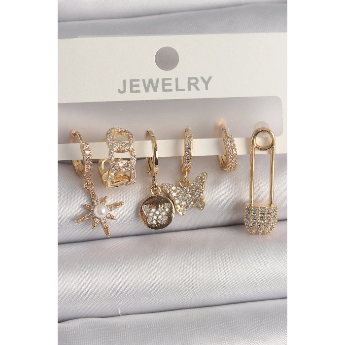 Pirinç Gold Renk Zirkon Sallantı Zirkon Taşlı İnci Detay Kelebek Figür Kadın Küpe Seti