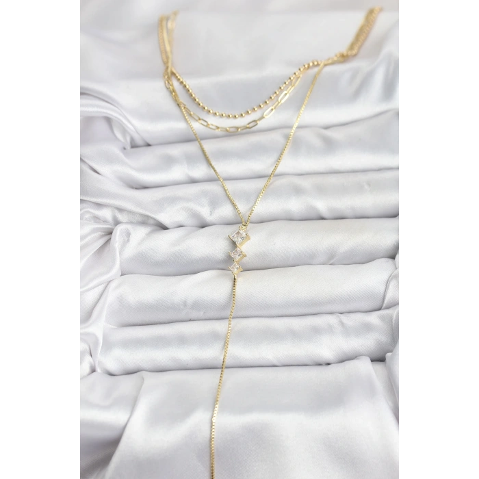 Pirinç Gold Renk Zirkon Taş Detaylı 3lü Kombin Y Kadın Kolye