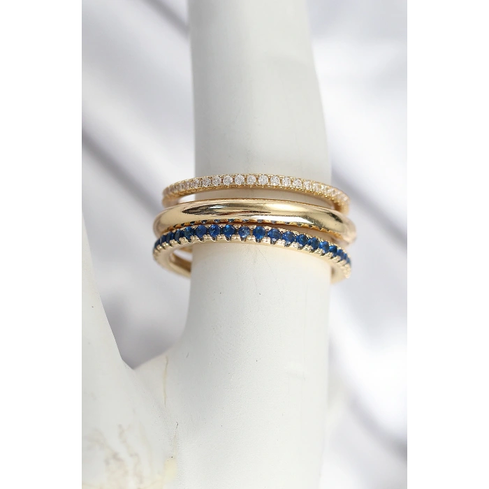 Pirinç Gold Renk Zirkon Taşlı 3Lü Kadın Yüzük