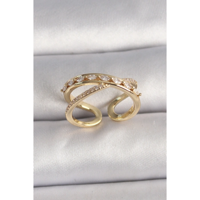 Pirinç Gold Renk Zirkon Taşlı Ayarlanabilir Kadın Yüzük