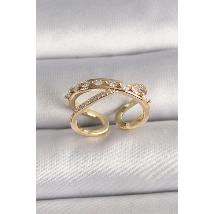Pirinç Gold Renk Zirkon Taşlı Ayarlanabilir Kadın Yüzük
