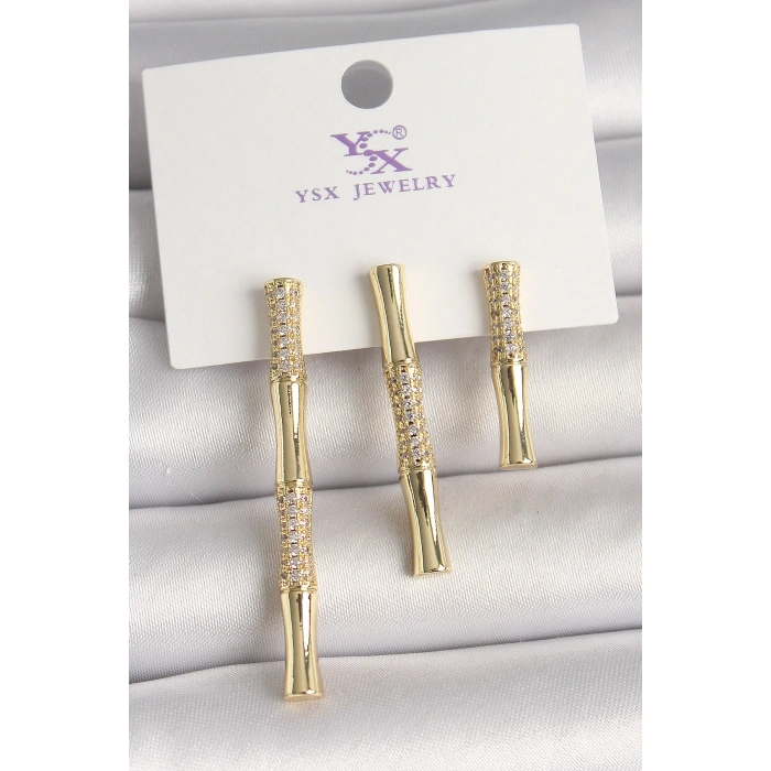 Pirinç Gold Renk Zirkon Taşlı Bambu Model 3Lü Kadın Kombin Küpe