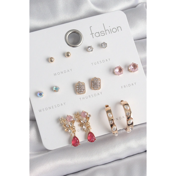 Pirinç Gold Renk Zirkon Taşlı Çiçek Figür İncili Halka Figür 7 Çift Kadın Küpe Seti