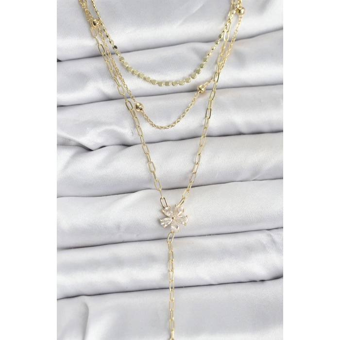 Pirinç Gold Renk Zirkon Taşlı Çiçek Model Detaylı 3lü Kombin Y Kadın Kolye