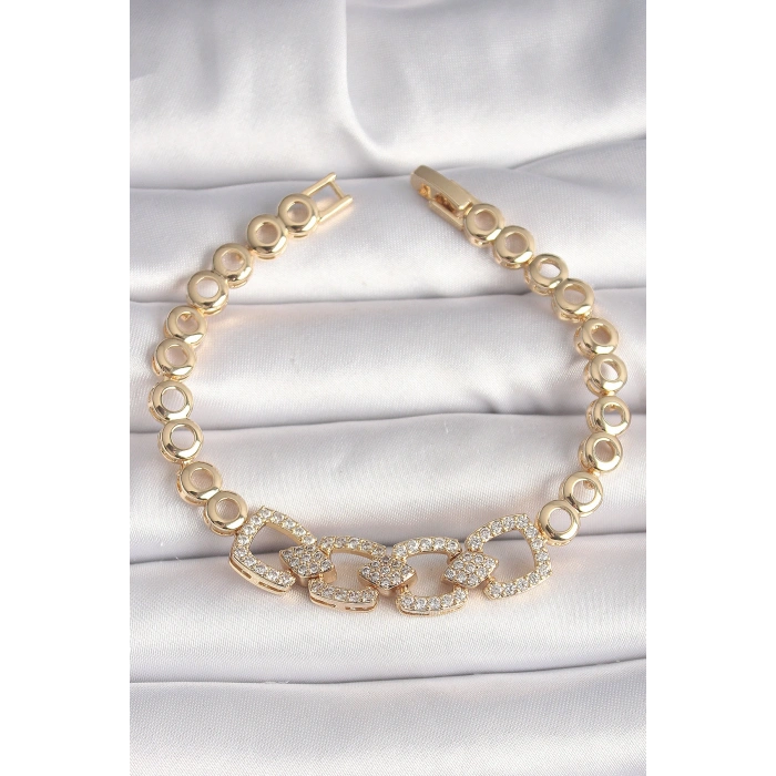 Pirinç Gold Renk Zirkon Taşlı Daire Zincir Model Kadın Bileklik