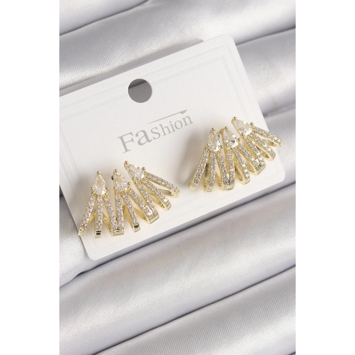 Pirinç Gold Renk Zirkon Taşlı Deniz Kabuğu Model Kadın Küpe